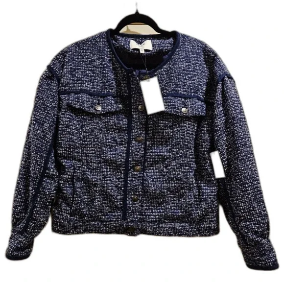 JOIE Womens Navy Pocketed Lined Collarless Cuffed Button Down Jacket Sz 12 NWT - Picture 2 of 7